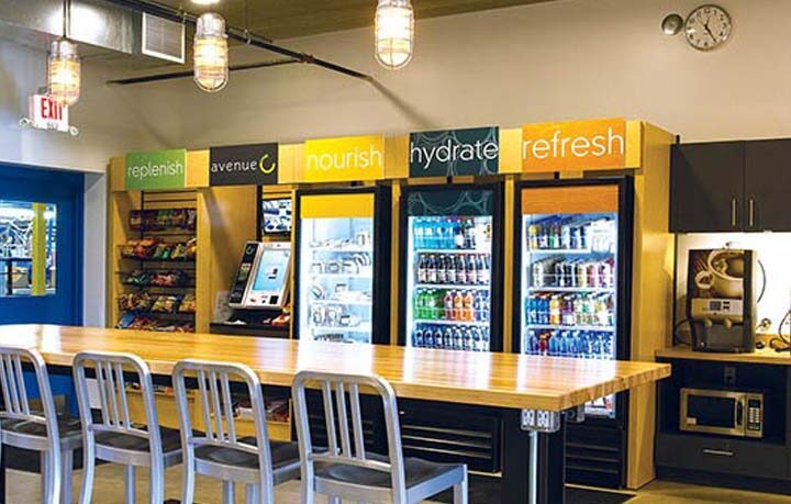 Modern workplace breakroom used for micro market and vending comparison