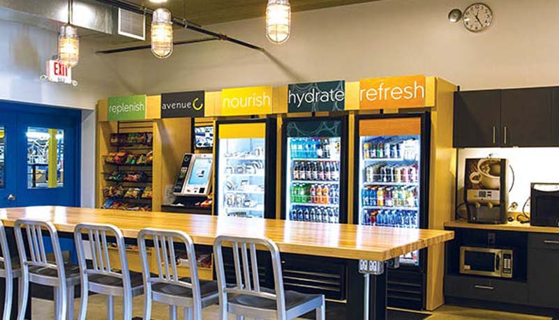 Modern workplace breakroom used for micro market and vending comparison