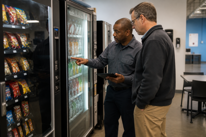 Vending service employee stocking a varied snack and beverage selection
