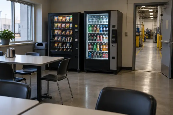 Vending machines in a quiet everyday workplace break room