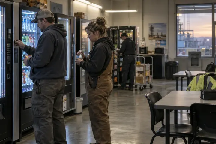 Workers using a vending area during a shift change in an industrial break room