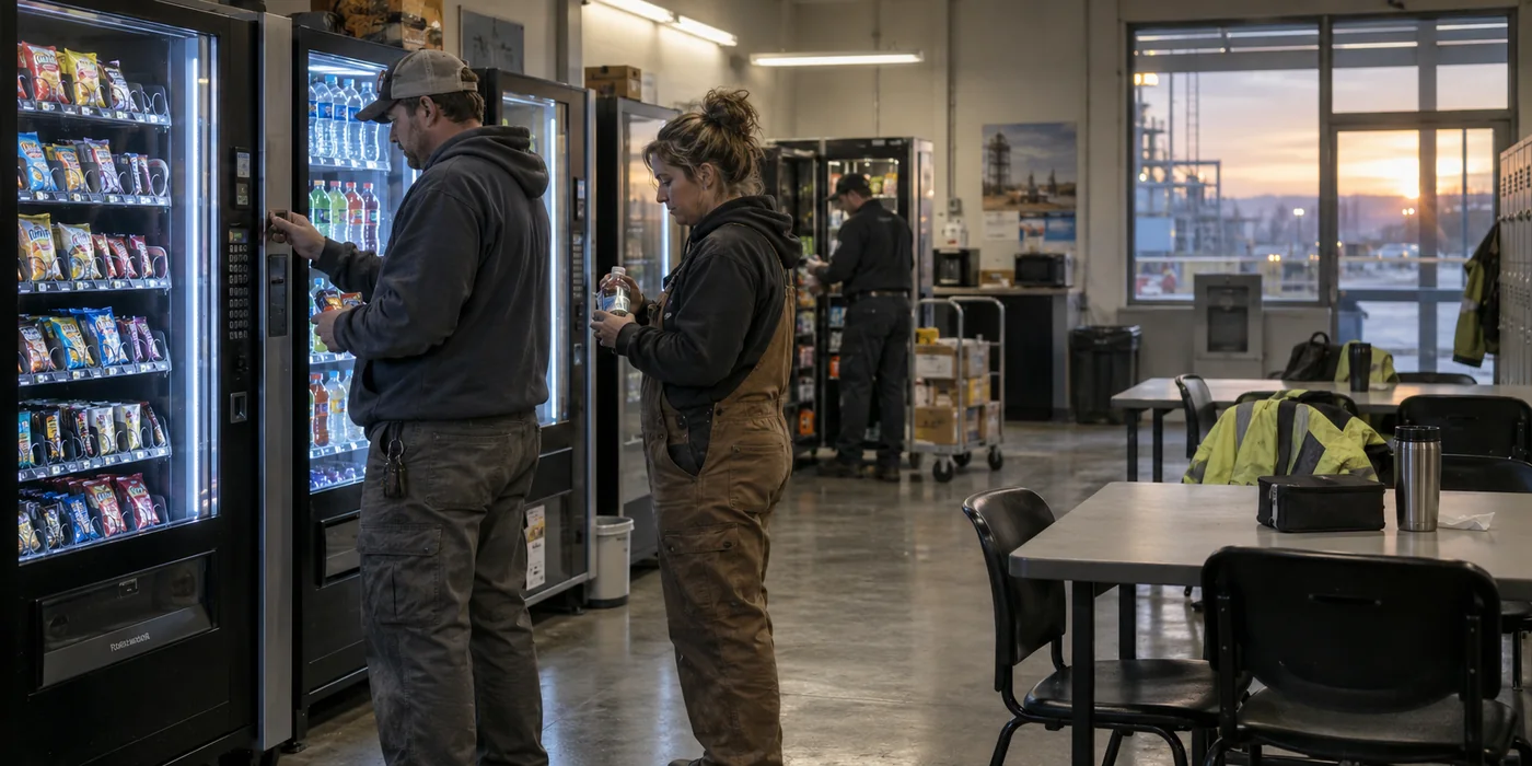 Workers using a vending area during a shift change in an industrial break room