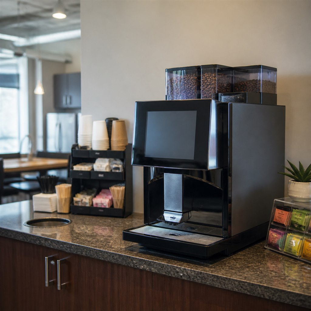 Modern commercial bean-to-cup machine in an office coffee station
