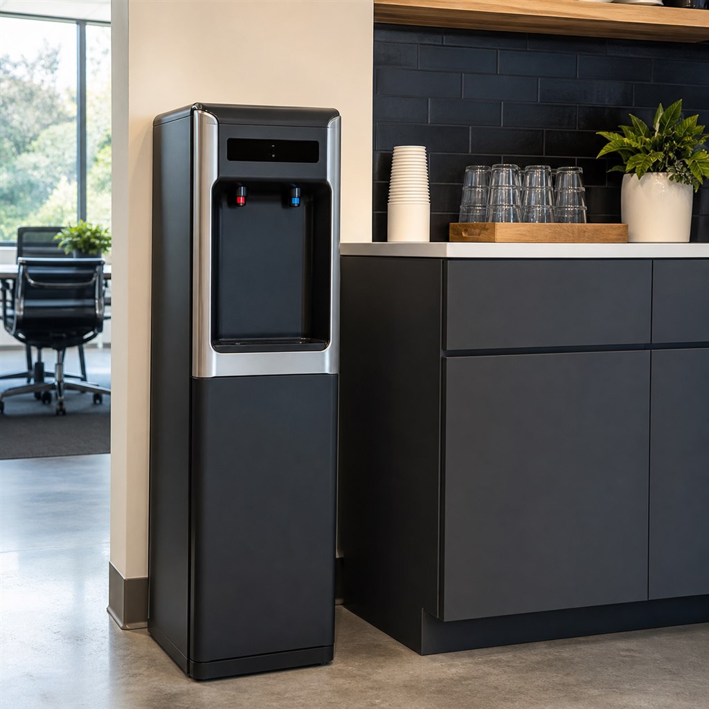 Bottleless point-of-use water dispenser in a modern office breakroom